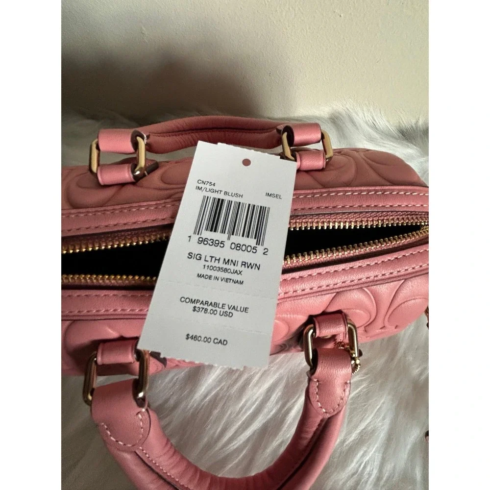 Coach Mini Rowan Light Blush Signature‎ Embossed Leather Satchel NWT